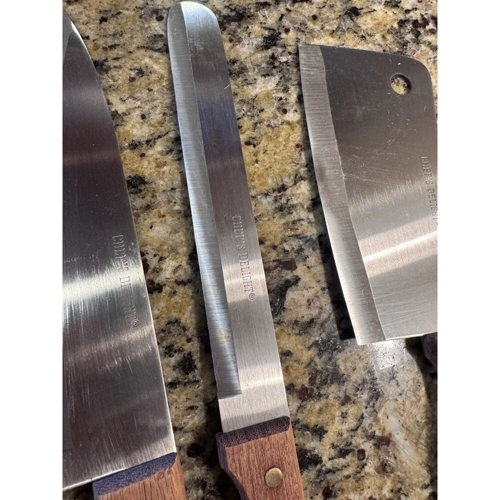 Vintage Interpur Chef’s Delight Japan Stainless 4pc Knife Set Wood Handle Cleave